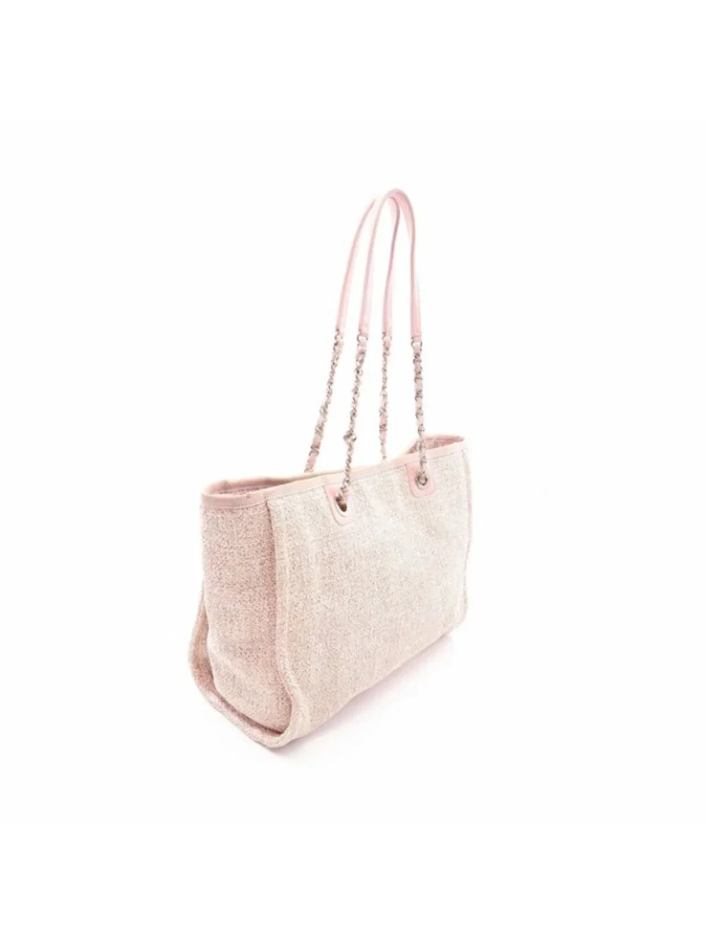 Chanel Tote Bag Deauville Pink Fabric Leather Chain MM